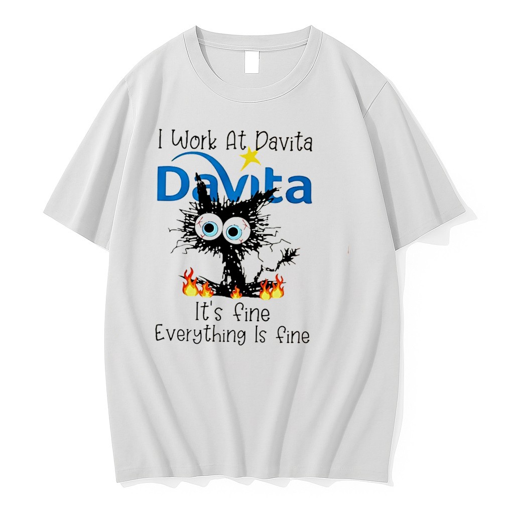 Original Black Cat I Work At Davita Its Fine Everything Is Fine Tee Tshirts