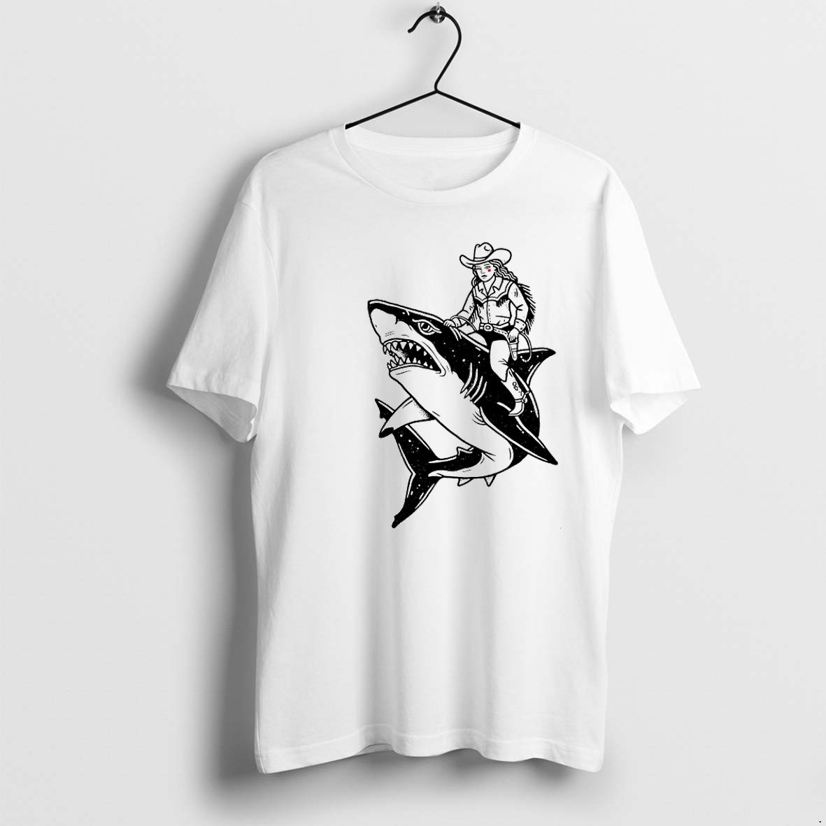 Original Cowgirl Riding Shark Sketch Tshirts