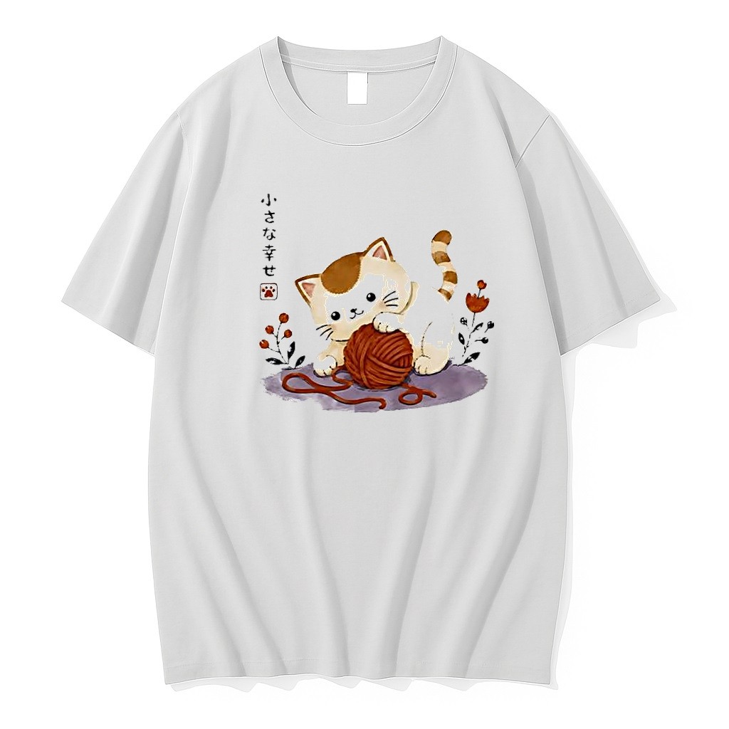 Original Cute Cat Playing With Yarn Ball Kitten Japanese Art Tshirts