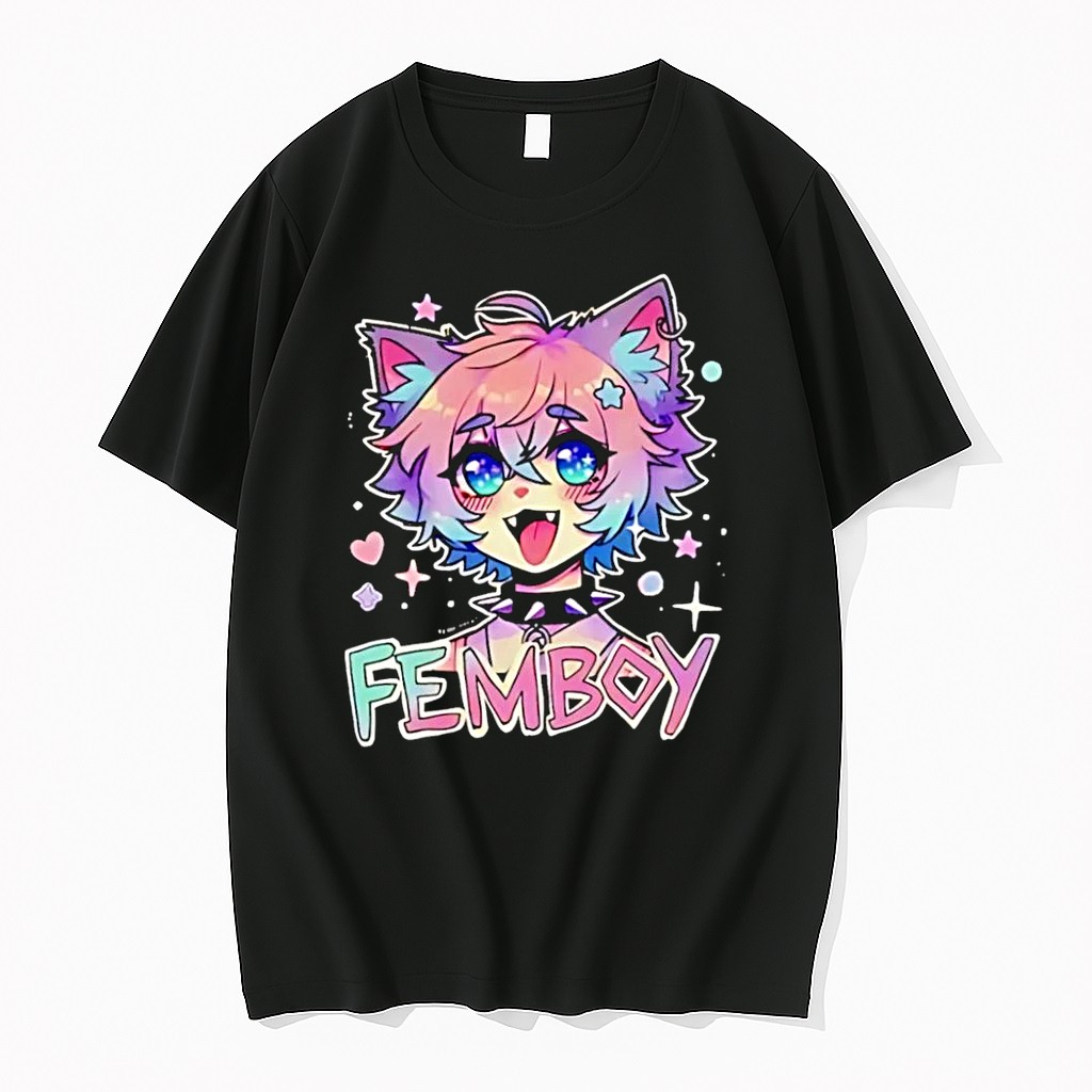 Original Femboy Catboy Nekomimi Anime Manga Kawaii Cute Pastel Sparkling Spiked Collar Femboy Black Tshirts