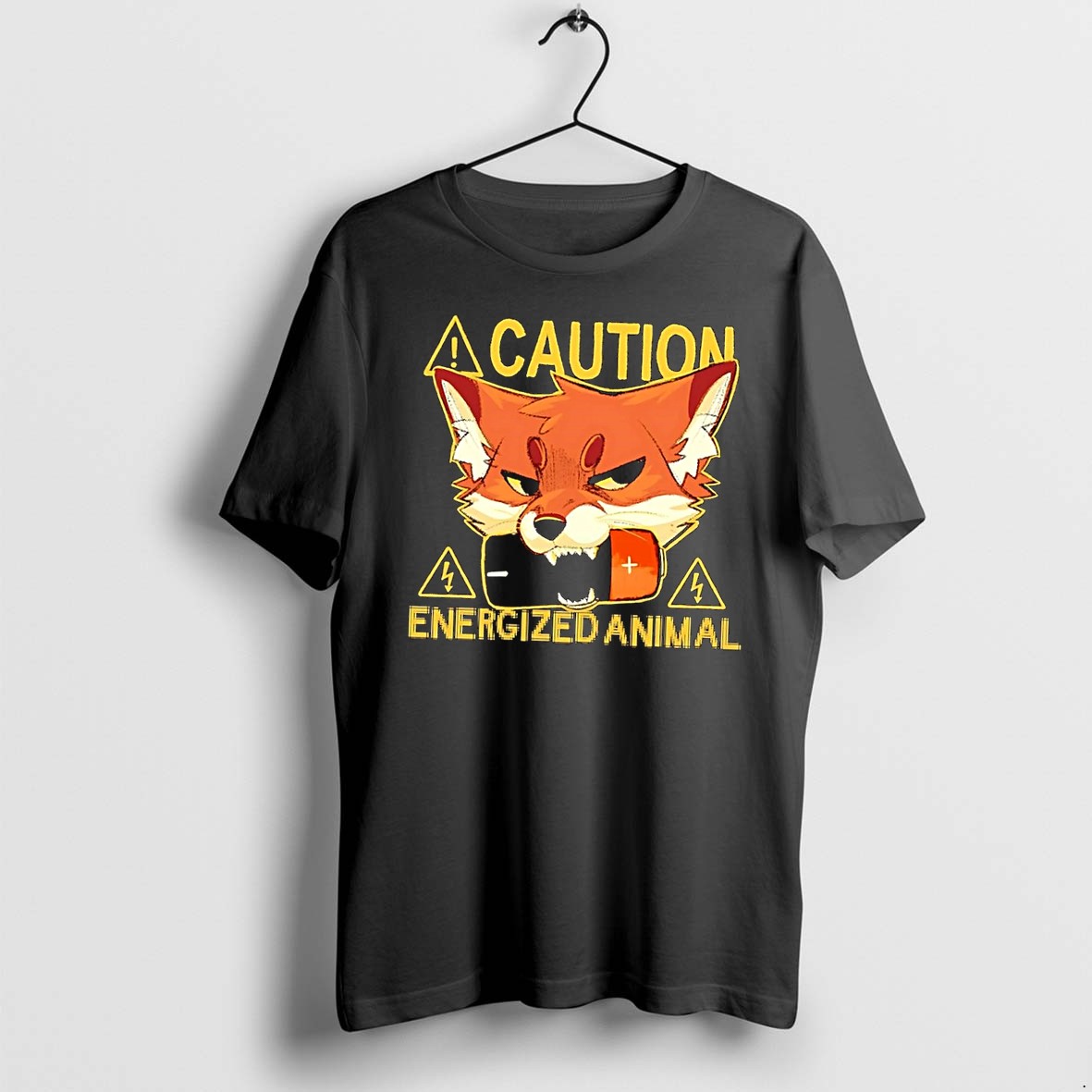 Original Fox Holding A Battery Caution Energized Animal Black Tshirts