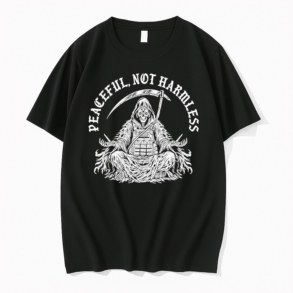 Original Peaceful Not Harmless Meditating Tactical Grim Reaper Tshirts