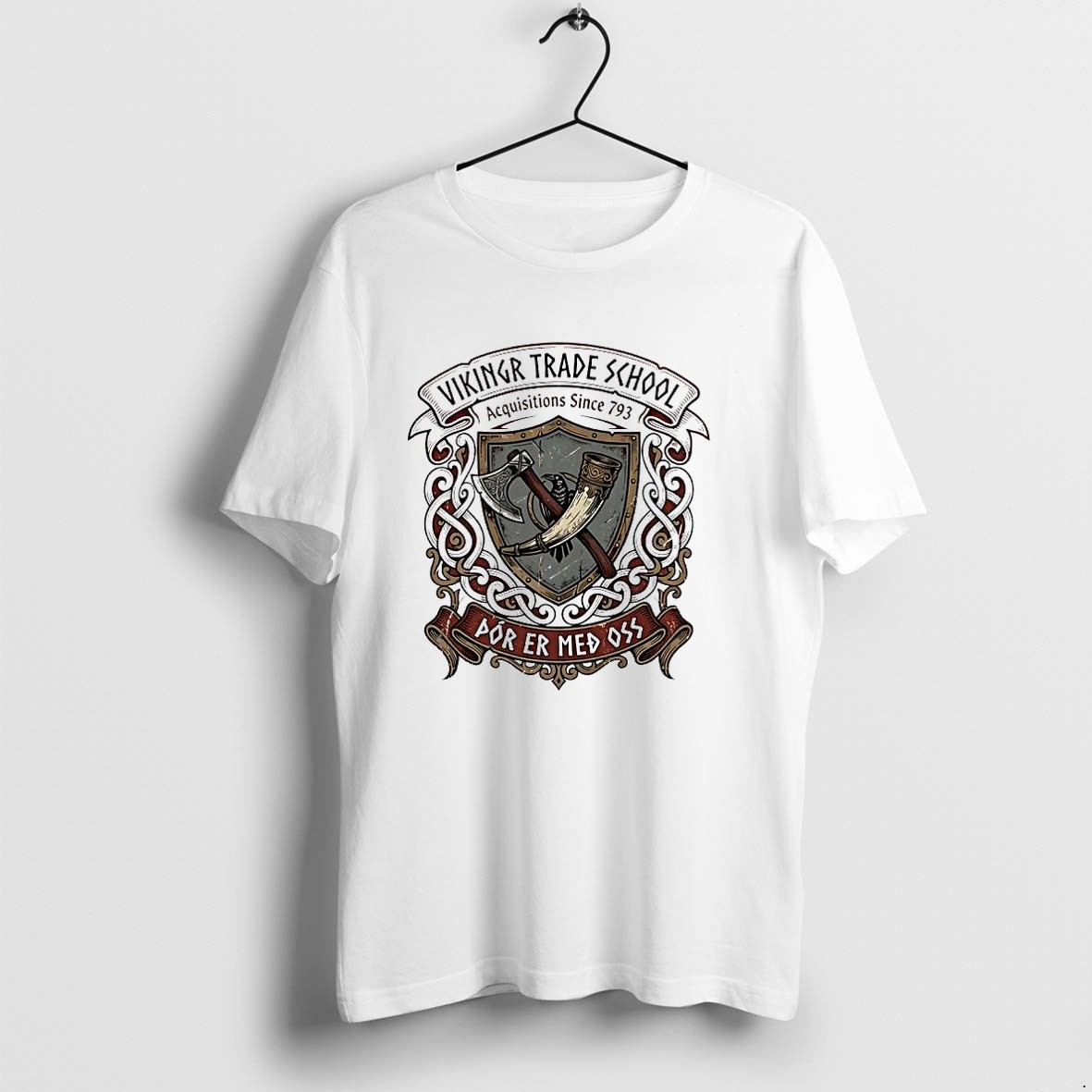 Original Vikingr Trade School Acquisitions Since 793 Thor Norse Mythology Axe Horn Raven Funny Vintage Tshirts