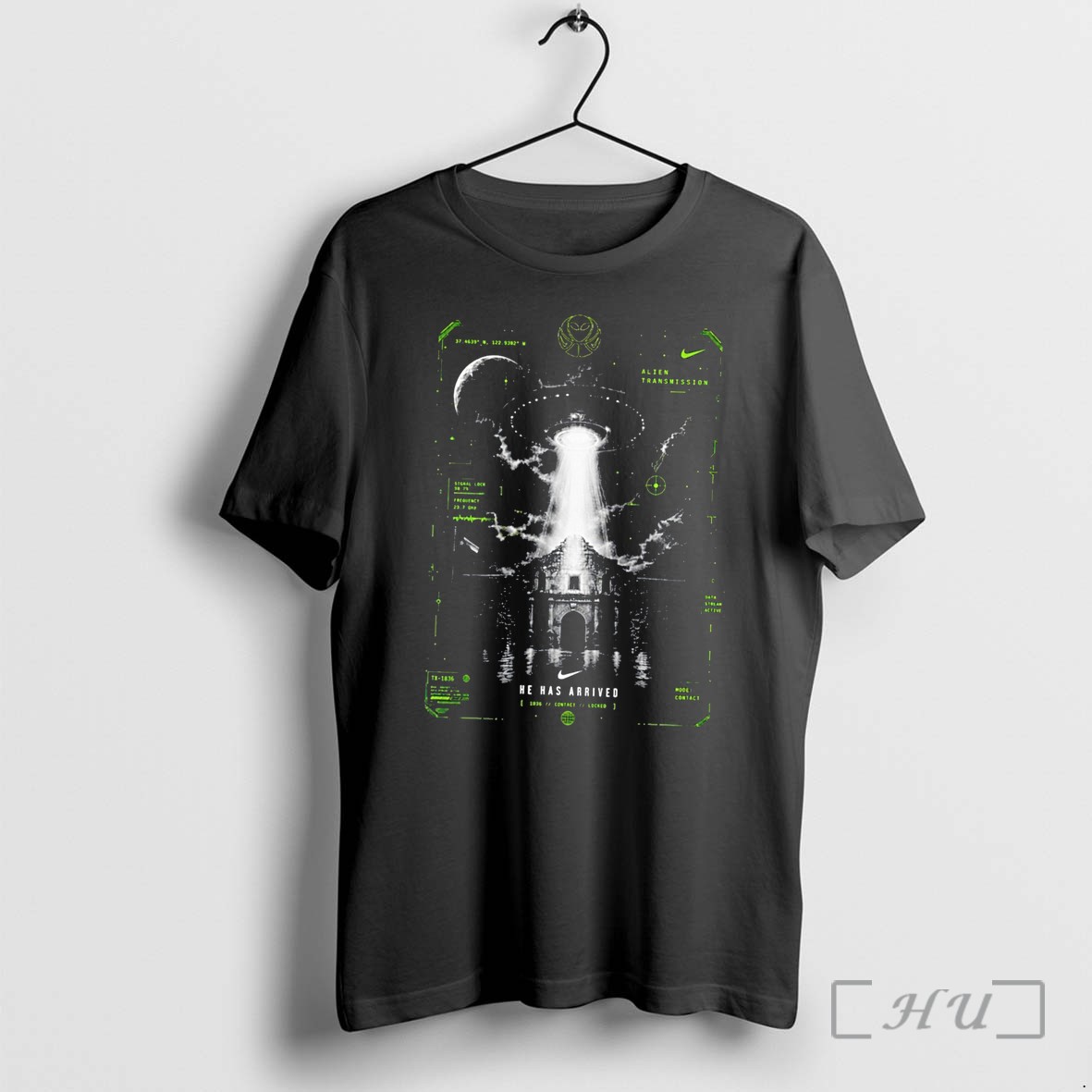 Officials Alien Transmission He Has Arrived Ufo Vintage Tee Premium T Shirts Sweater Hoodie
