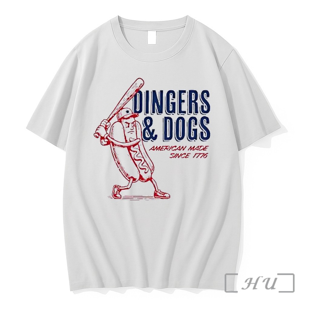 Officials Dingers And Dogs American Made Since 1776 Baseball Hot Dog Cartoon Premium T Shirts Sweater Hoodie