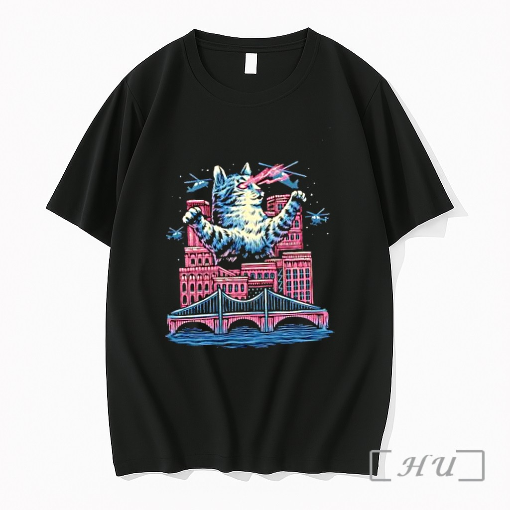 Officials Giant Laser Cat City Attack Kaiju Monster Bridge And Helicopters Illustration Meme Premium T Shirts Sweater Hoodie