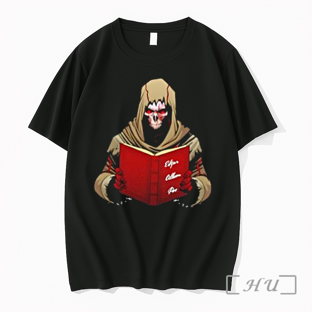 Officials Hooded Grim Reaper Skeleton With Red Eyes Reading Edgar Allan Poe Book Premium T Shirts Sweater Hoodie