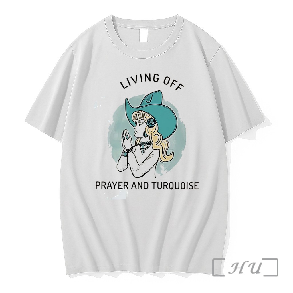 Officials Living Off Prayer And Turquoise Lady Illustration Tee Premium T Shirts Sweater Hoodie