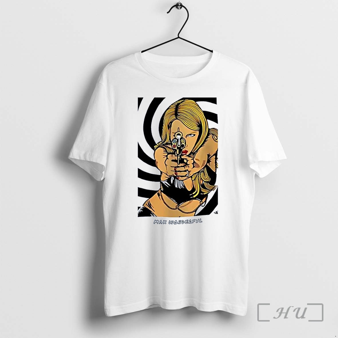 Officials Max Wonderful Blonde Woman Blue Eyes Aiming Gun Black Bodysuit Gold Chain Black White Spiral White Premium T Shirts Sweater Hoodie