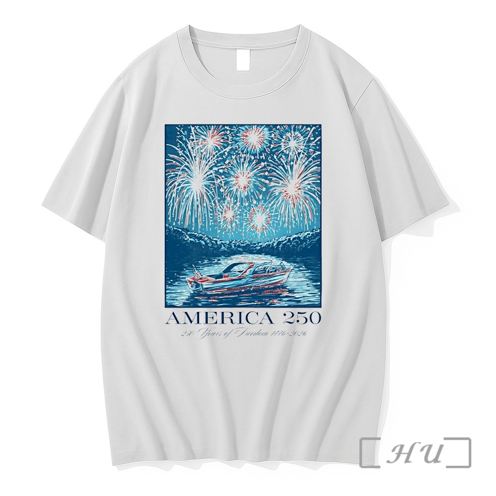 Officials Motorboat On Lake With Firework America 250 250 Years Of Freedom 1776 2026 Premium T Shirts Sweater Hoodie