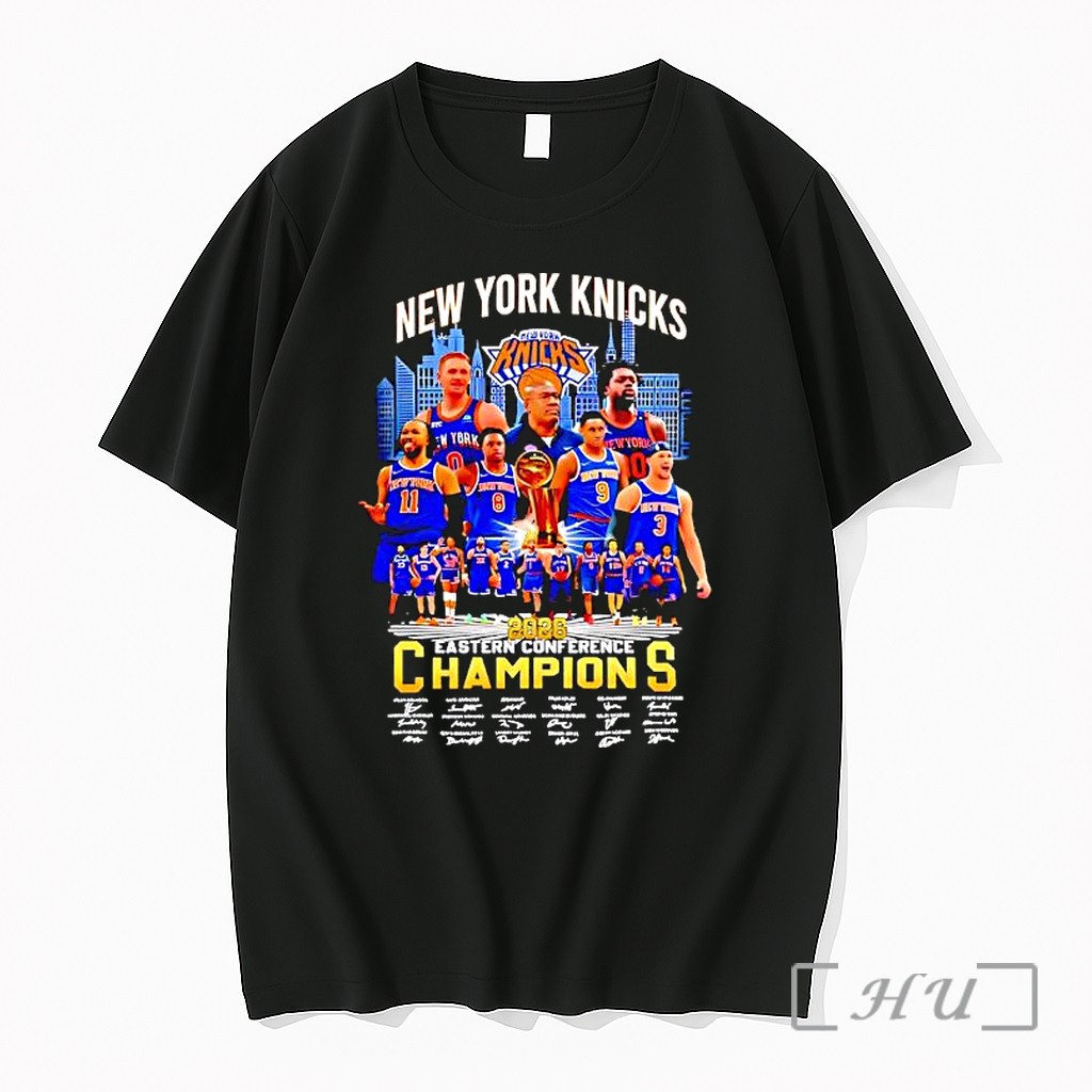 Officials New York Knicks Big Team 2026 Eastern Conference Champions Roster City Skyline Signatures Premium T Shirts Sweater Hoodie