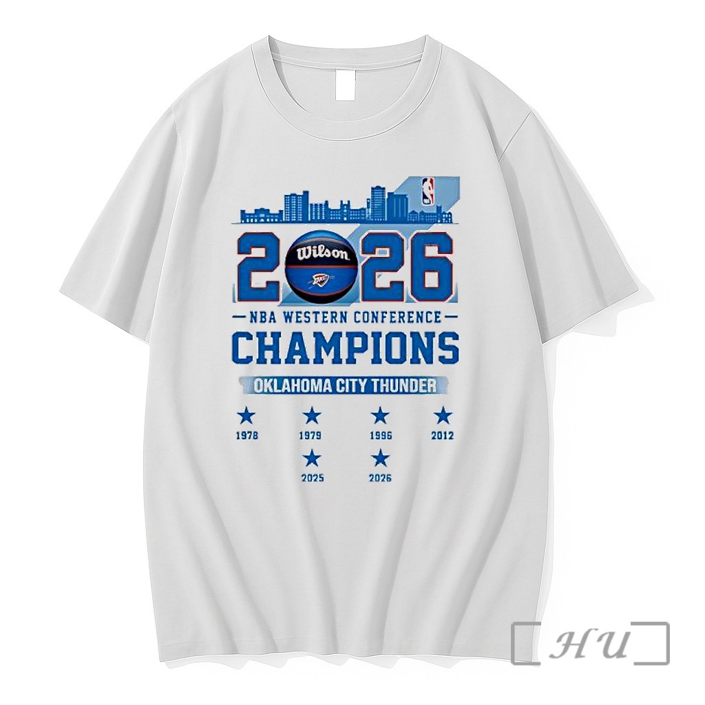 Officials Oklahoma City Thunder 2026 Nba Western Conference Champions Skyline Premium T Shirts Sweater Hoodie