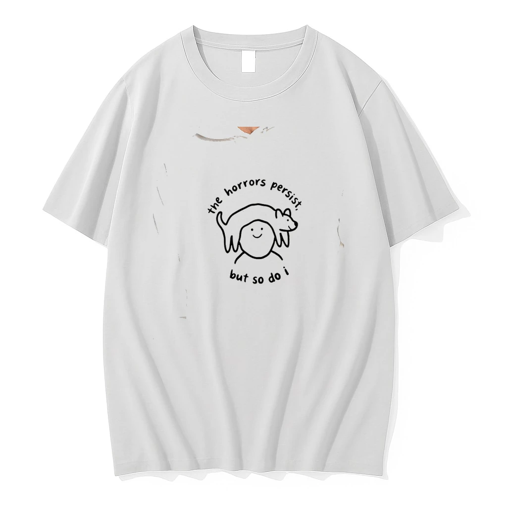 Officials The Horrors Persist But So Do I Dog On Head Line Art Illustration Premium T Shirt Sweatshirt Hoodie
