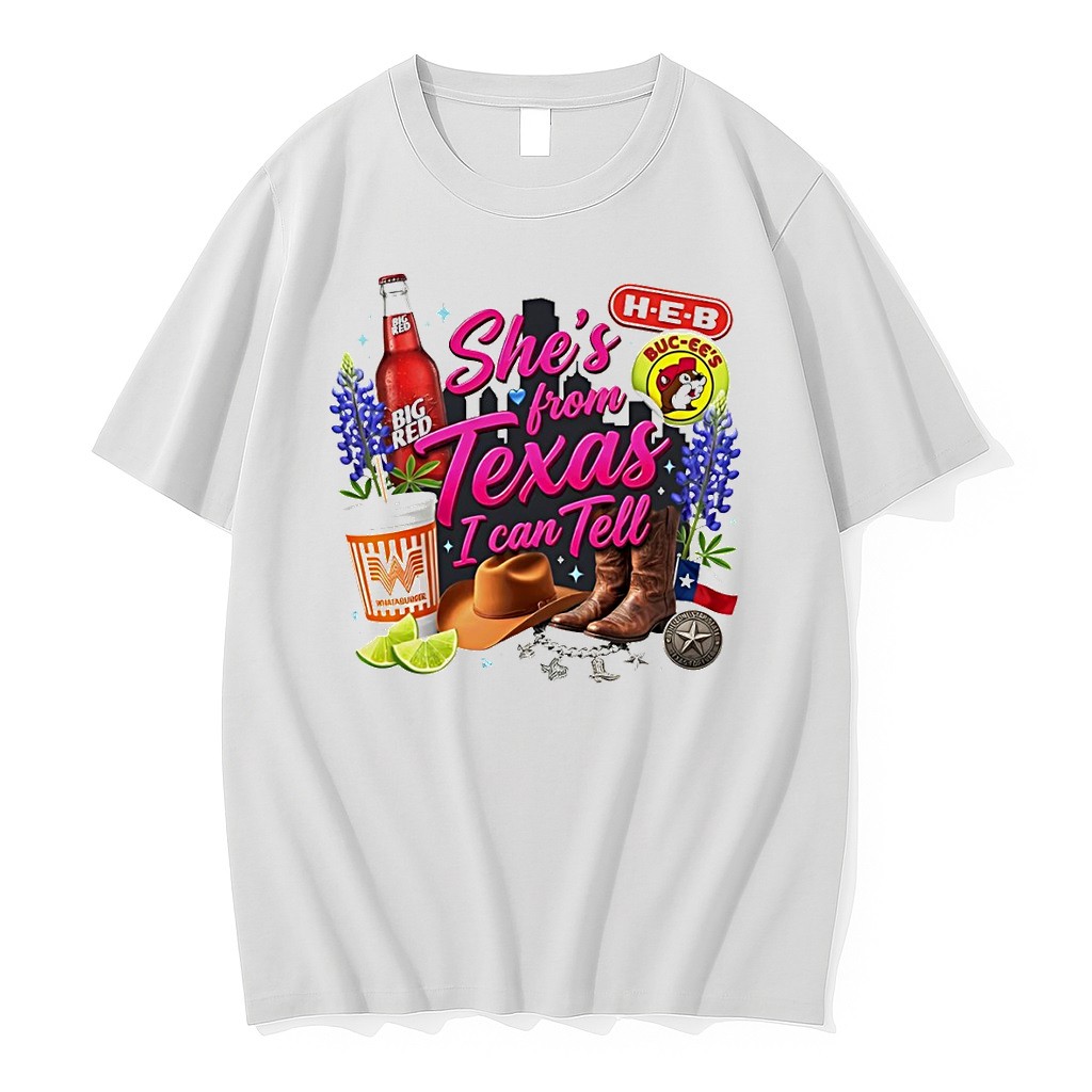 Original Big Red Soda Whataburger H E B Buc Ees Texas Bluebonnets Boots Shes From Texas I Can Tell Text Tshirts