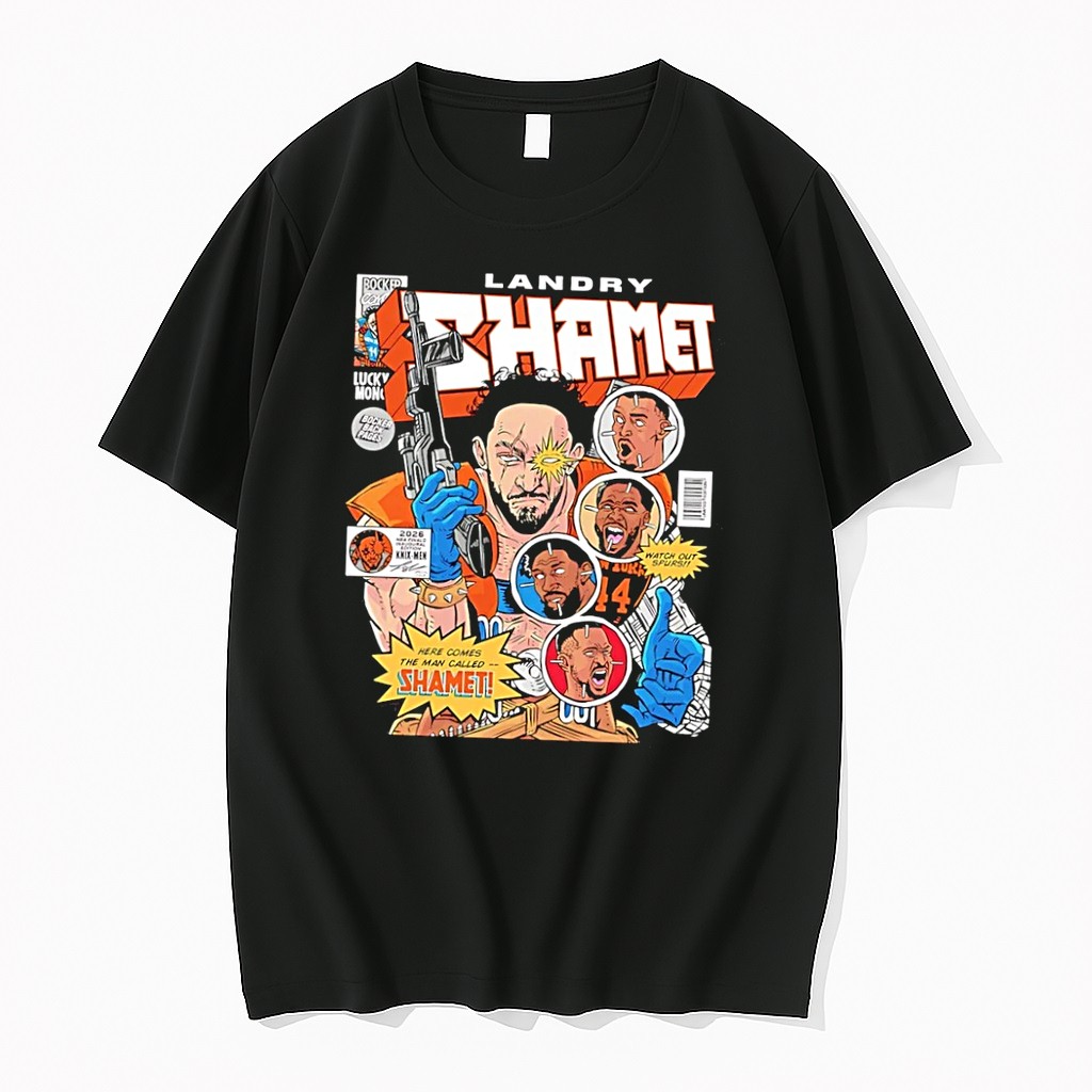 Original Bocker Comics Landry Shamet Holding Gun Knix Men 2026 Nba Finals Watch Out Spurs Black Tshirts