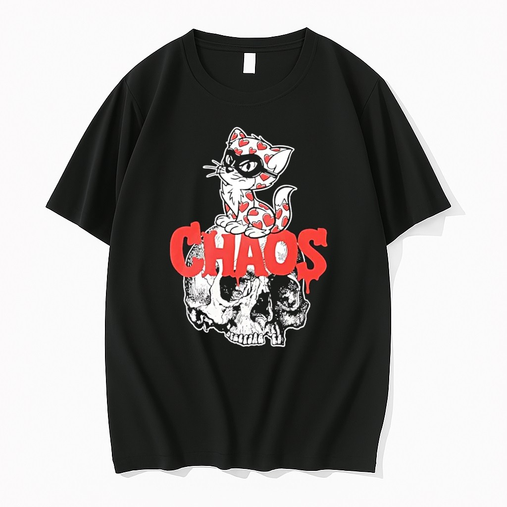 Original Chaos Cat Heart Skull Graphic Black Tshirts