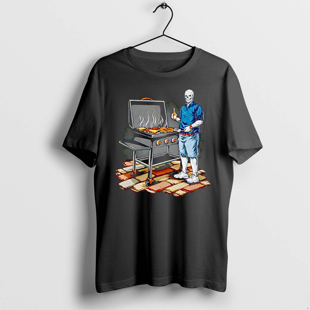 Original Dadbbq Grilling Skeleton With Beer And Burgers Black Tshirts