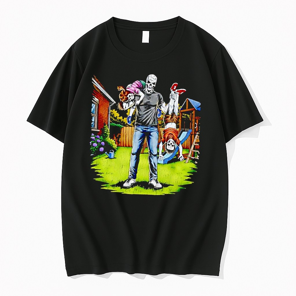 Original Darkest Dad Skeleton Carrying Children Garden Playtime Black Tshirts