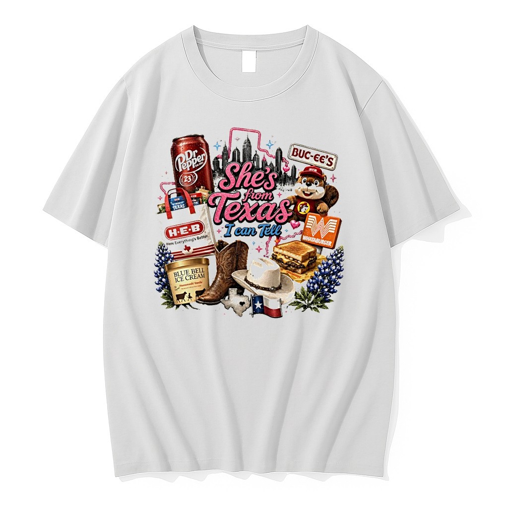 Original Dr Pepper Buc Ees Whataburger Heb Blue Bell Texas Shes From Texas I Can Tell Text Tshirts