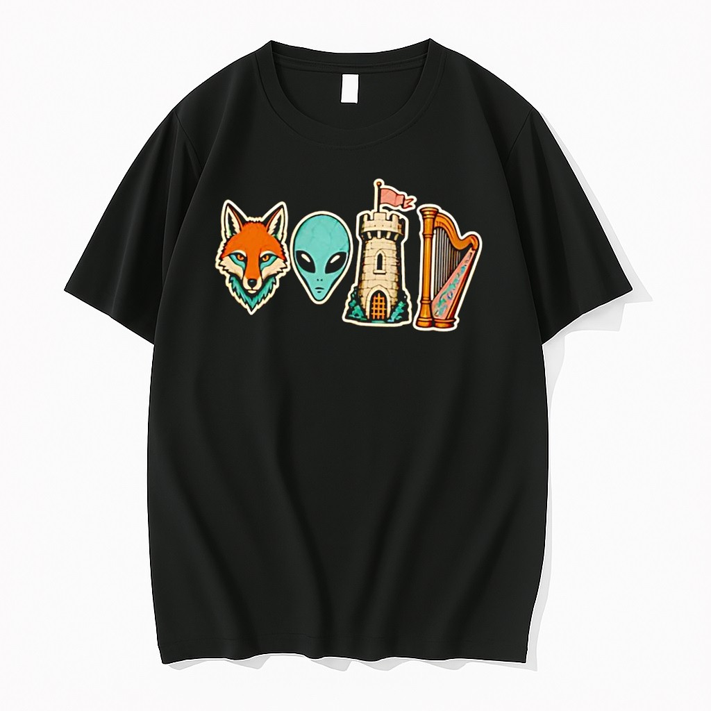Original Fox Alien Tower Harp Representing Void Black Tshirts