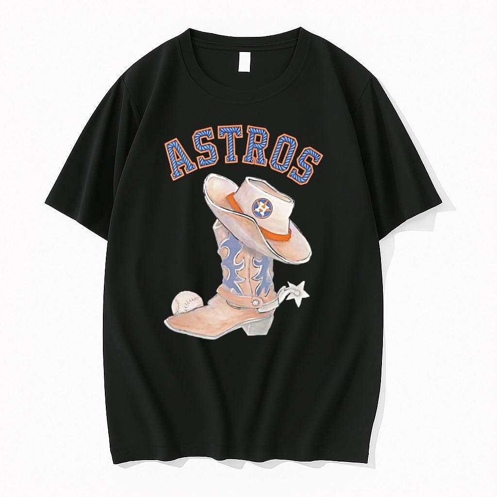 Original Houston Astros Western Cowboy Boot And Hat Baseball Black Tshirts