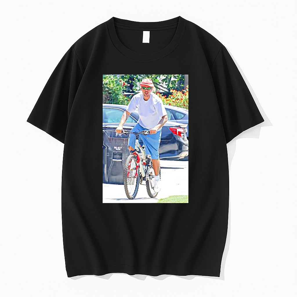 Original Justin Bieber Cycling Outdoors In Neighborhood Street On Sunny Day Photo Tshirts