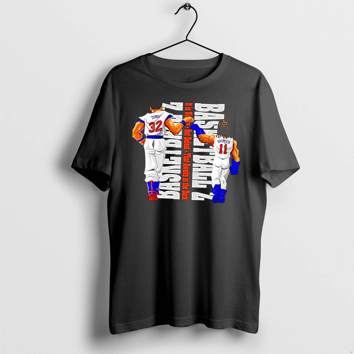 Original New York Knicks Basketball Z Towns Brunson Fist Bump It Is Victory Not Defeat That Awaits In The Dark Black Tshirts