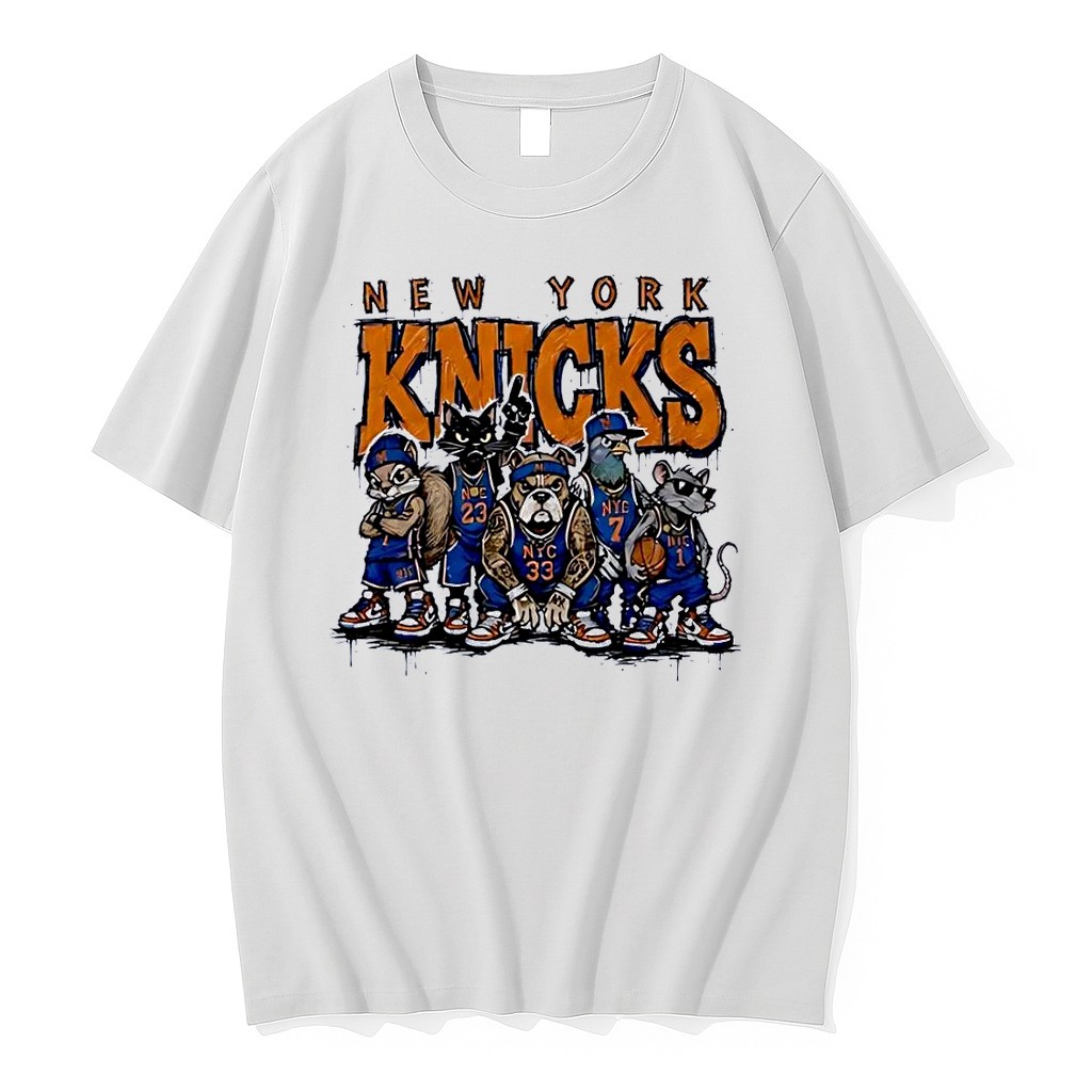 Original New York Knicks Characters Squirrel Cat Bulldog Pigeon Rat Basket Ball White Tshirts