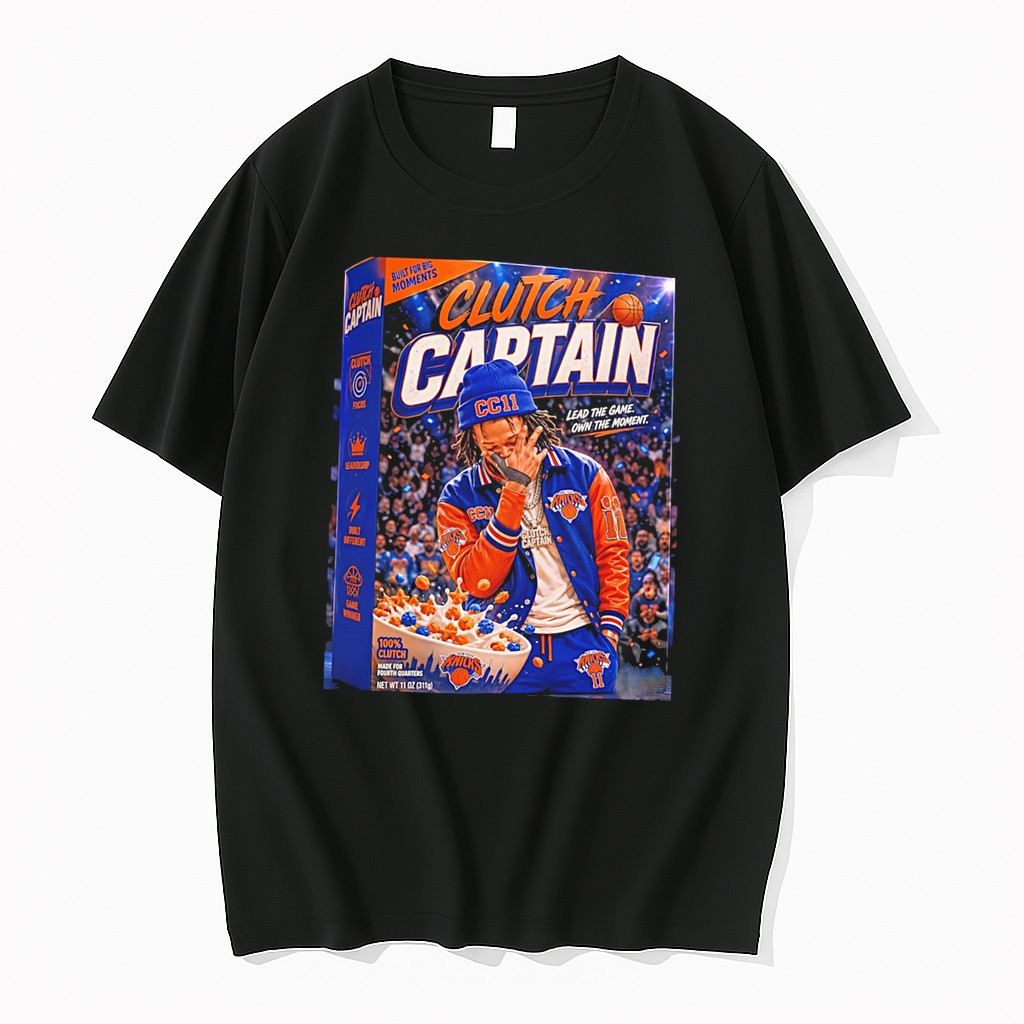 Original New York Knicks Jalen Brunson Clutch Captain Lead The Game Own The Moment Cereal Box Tee Tshirts