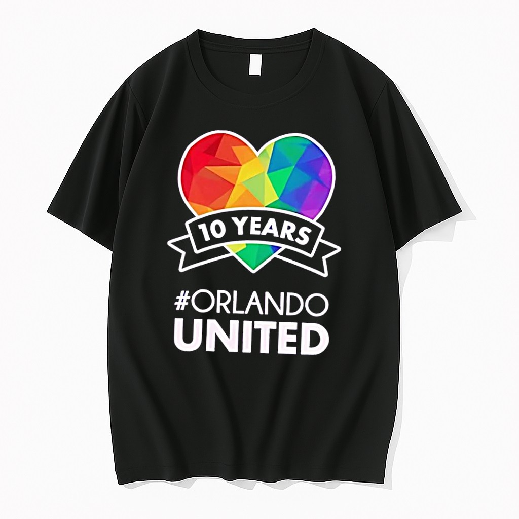 Original Orlando United 10 Years Rainbow Pride Heart Ribbon Black Tshirts