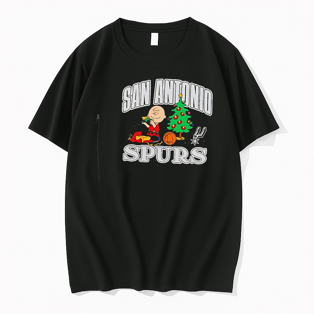 Original Peanuts Worldwide Llc Charlie Brown Playing With Toy By Christmas Tree San Antonio Spurs Black Tshirts