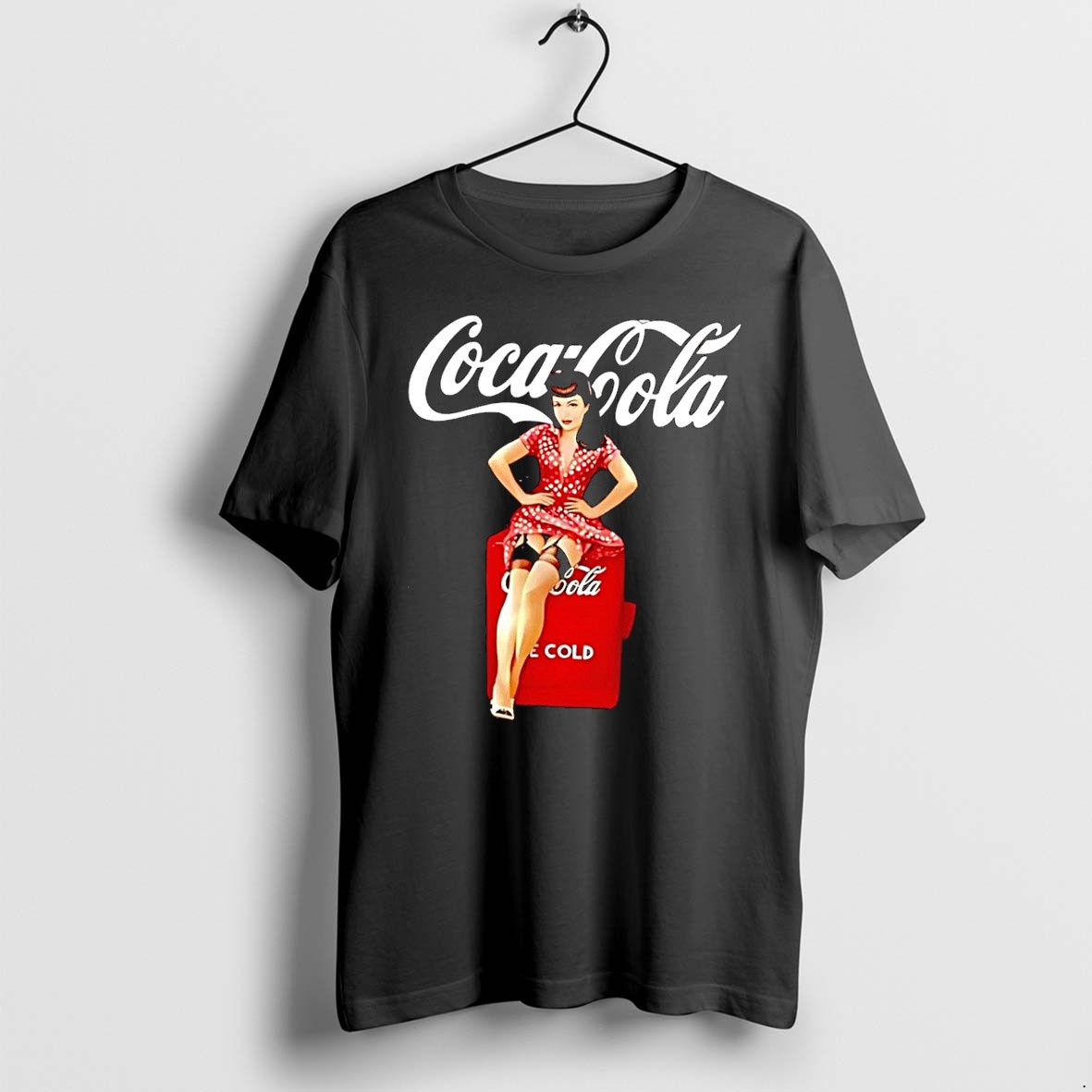 Original Pin Up Girl Sits On Red Refrigerator Coca Cola Have A Coke Cold Black Tshirts