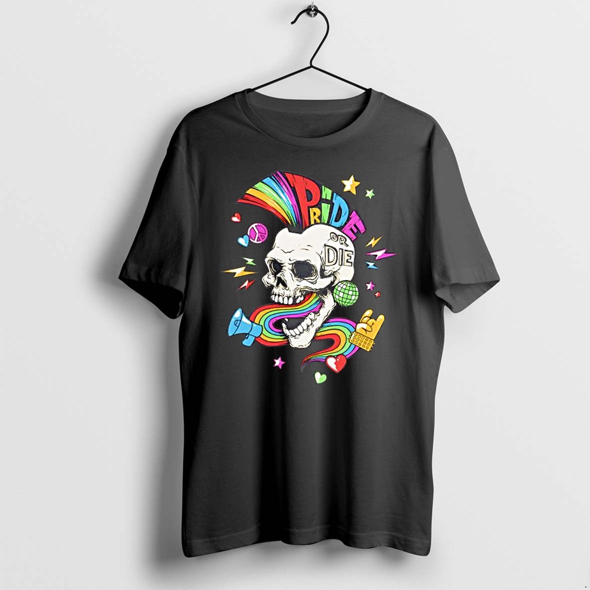 Original Pride Or Die Rainbow Skull Disco Party Graphic Tshirts