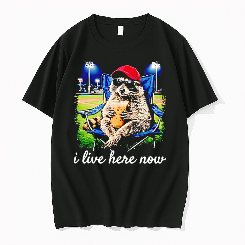 Original Raccoon Drink Milk Tea I Live Here Now Meme Tshirts
