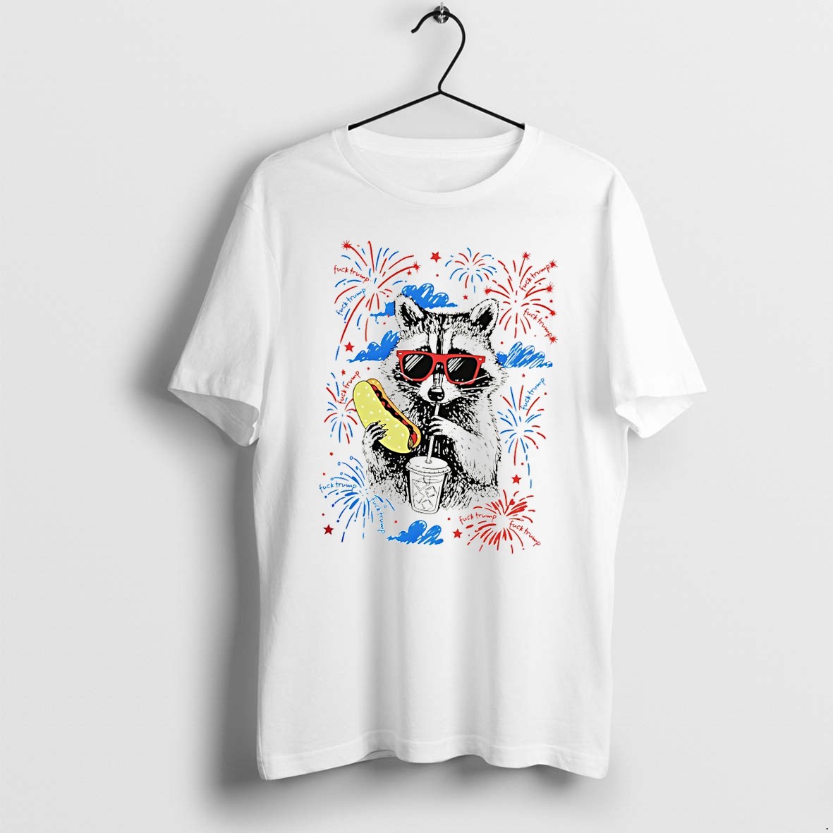Original Raccoon With Hot Dog And Drink Firework 4th Of July Tshirts