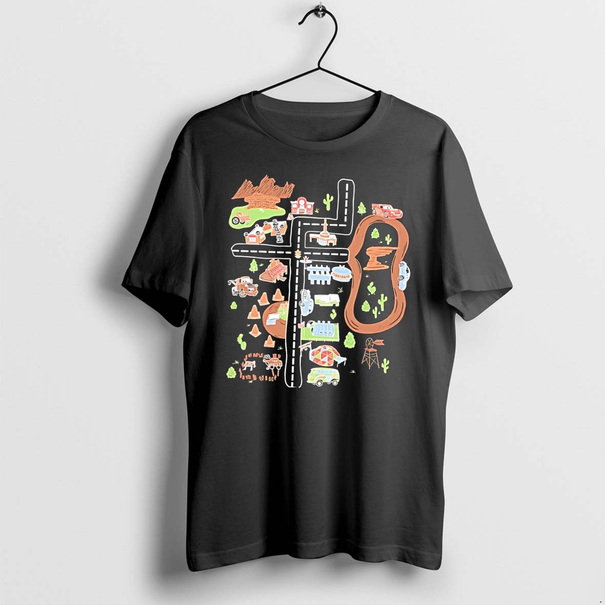 Original Radiator Springs Map Disney Cars Lightning Mcqueen Tow Mater Black Tshirts