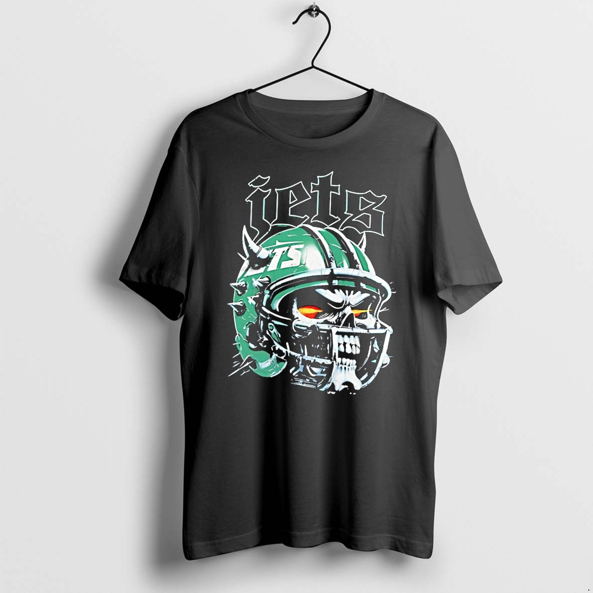 Original Skull Wearing Spiked Football Helmet Jets Black Tshirts