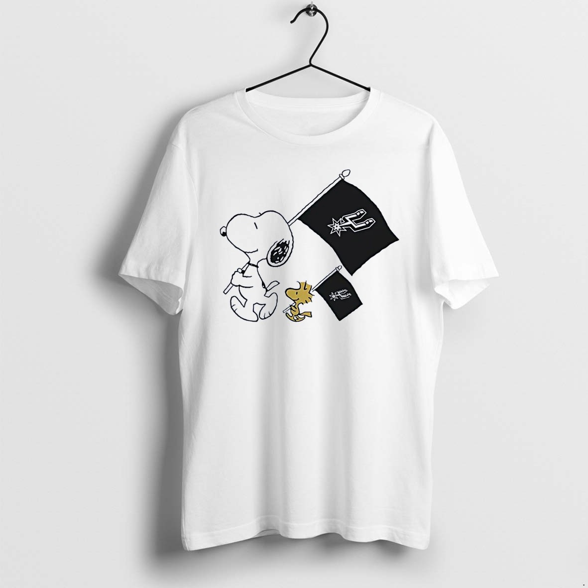 Original Snoopy And Woodstock Carrying San Antonio Spurs Flags White Tshirts
