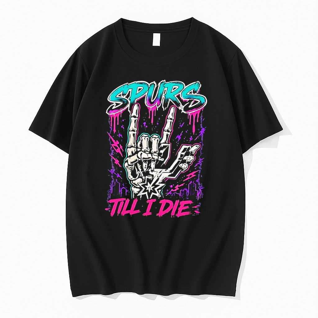 Original Spurs Till I Die Skeleton Hand Rock On Sign San Antonio Basketball Black Tshirts