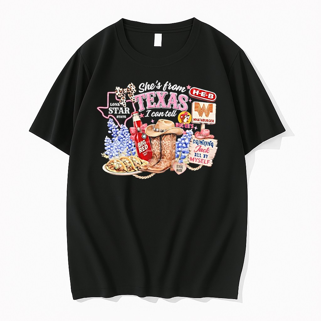 Original Texas Boots Big Red Tacos H E B Buc Ees Whataburger Shes From Texas I Can Tell Text Tshirts