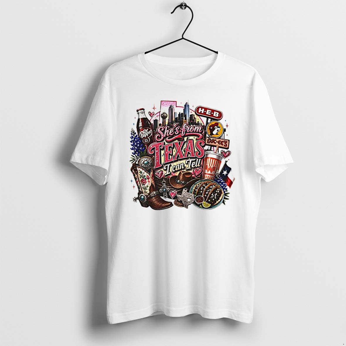 Original Texas Dr Pepper Whataburger Buc Ee S H E B Shes From Texas I Can Tell Text Tshirts