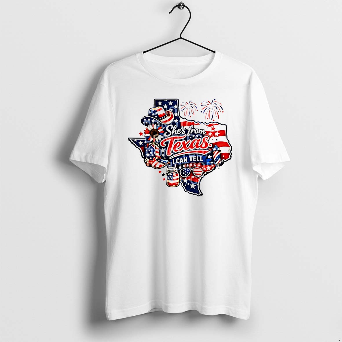 Original Texas Map Sunflower Boots Cowboy Hat Firework Mason Jar Sunglasses Shes From Texas I Can Tell Text Tshirts