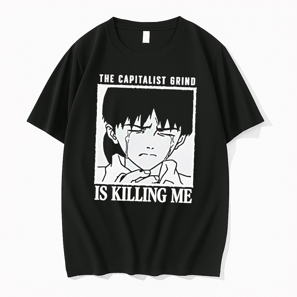 Original The Capitalist Grind Is Killing Me Shinji Ikari Crying Anime Black Tshirts