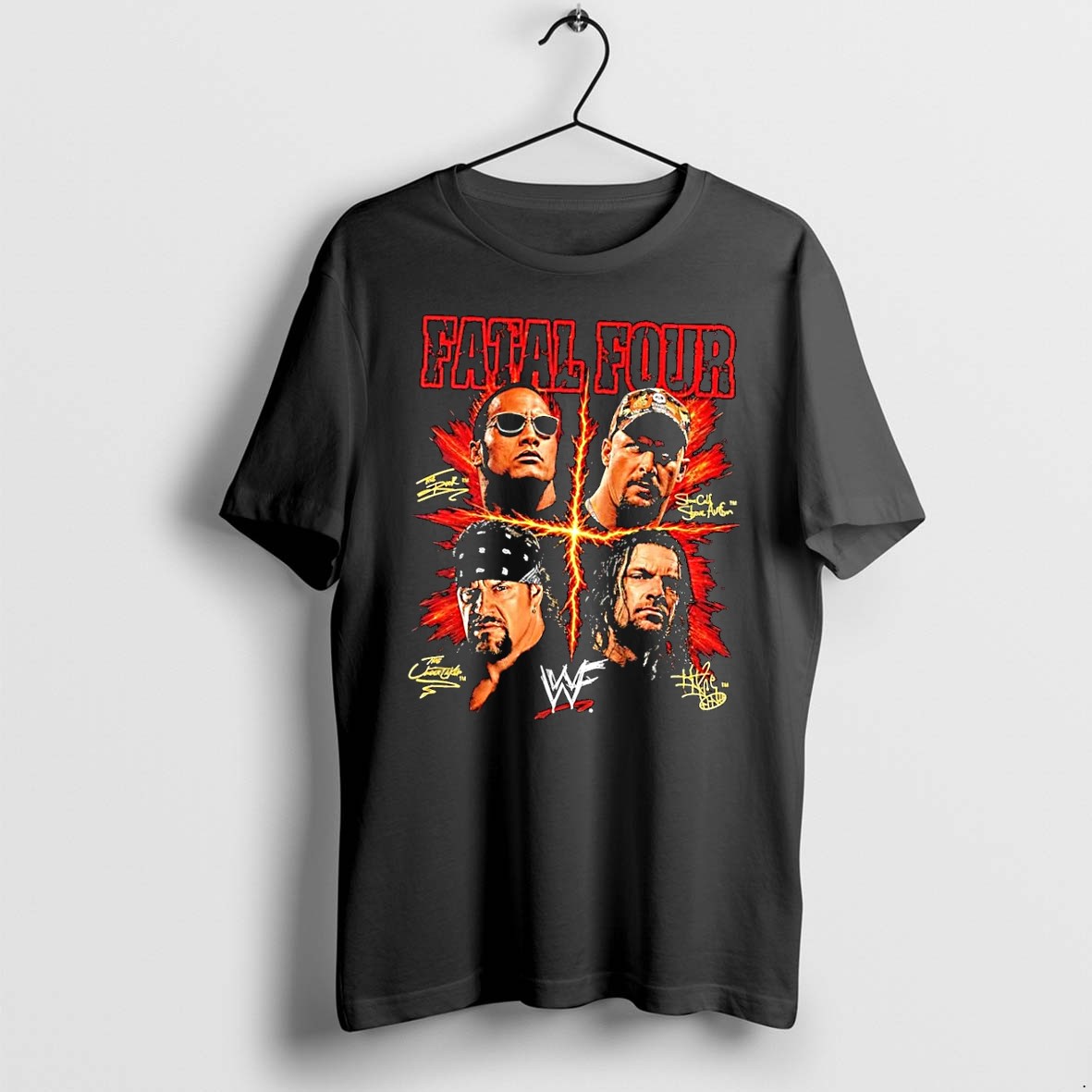 Original The Rock Stone Cold Steve Austin The Undertaker Triple H Fatal Four Wwf Black Tshirts
