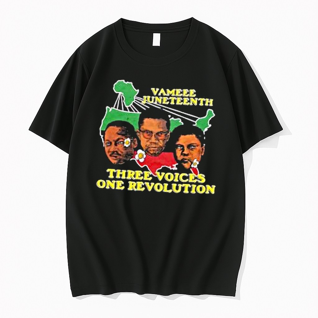 Original Vameee Juneteenth Mlk Malcolm And Muhammad Ali Three Voices One Revolution Tshirts