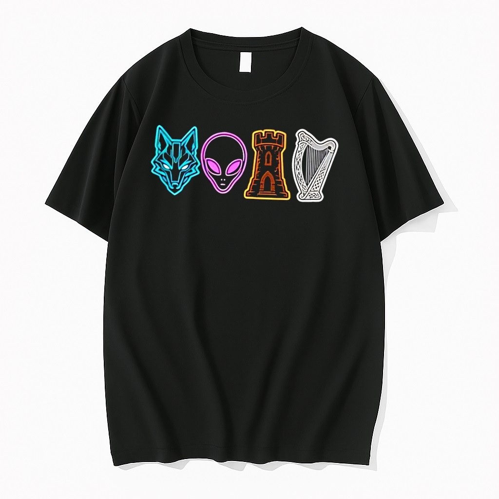 Original Wolf Alien Castle And Harp Icons Graphic Black Tshirts