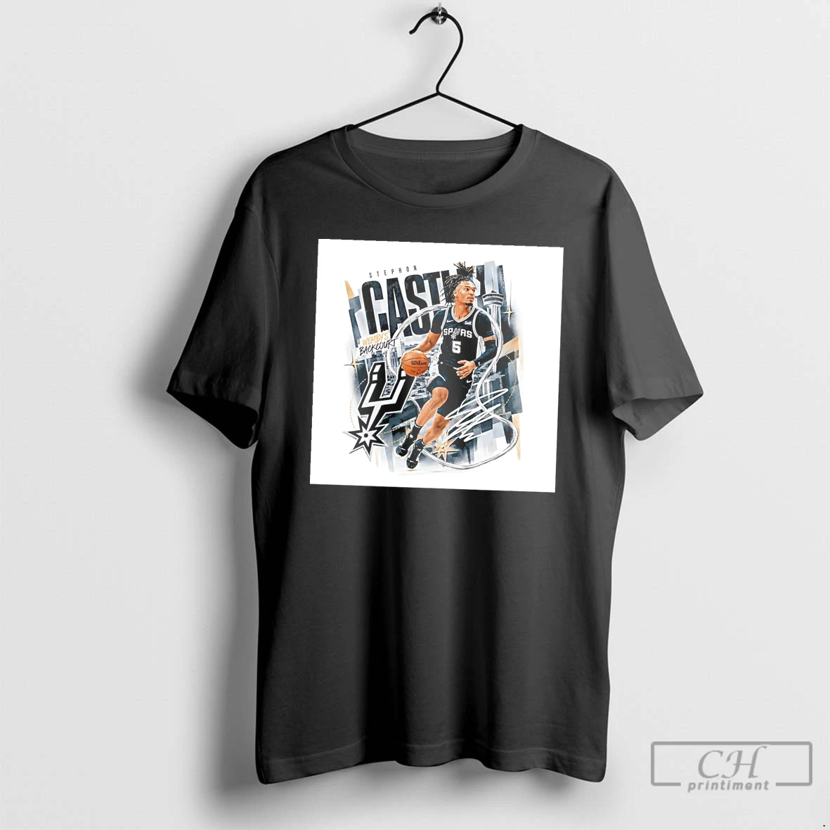 Premium San Antonio Spurs Stephon Castle Skyline Background Tee T Shirts Sweater Hoodie