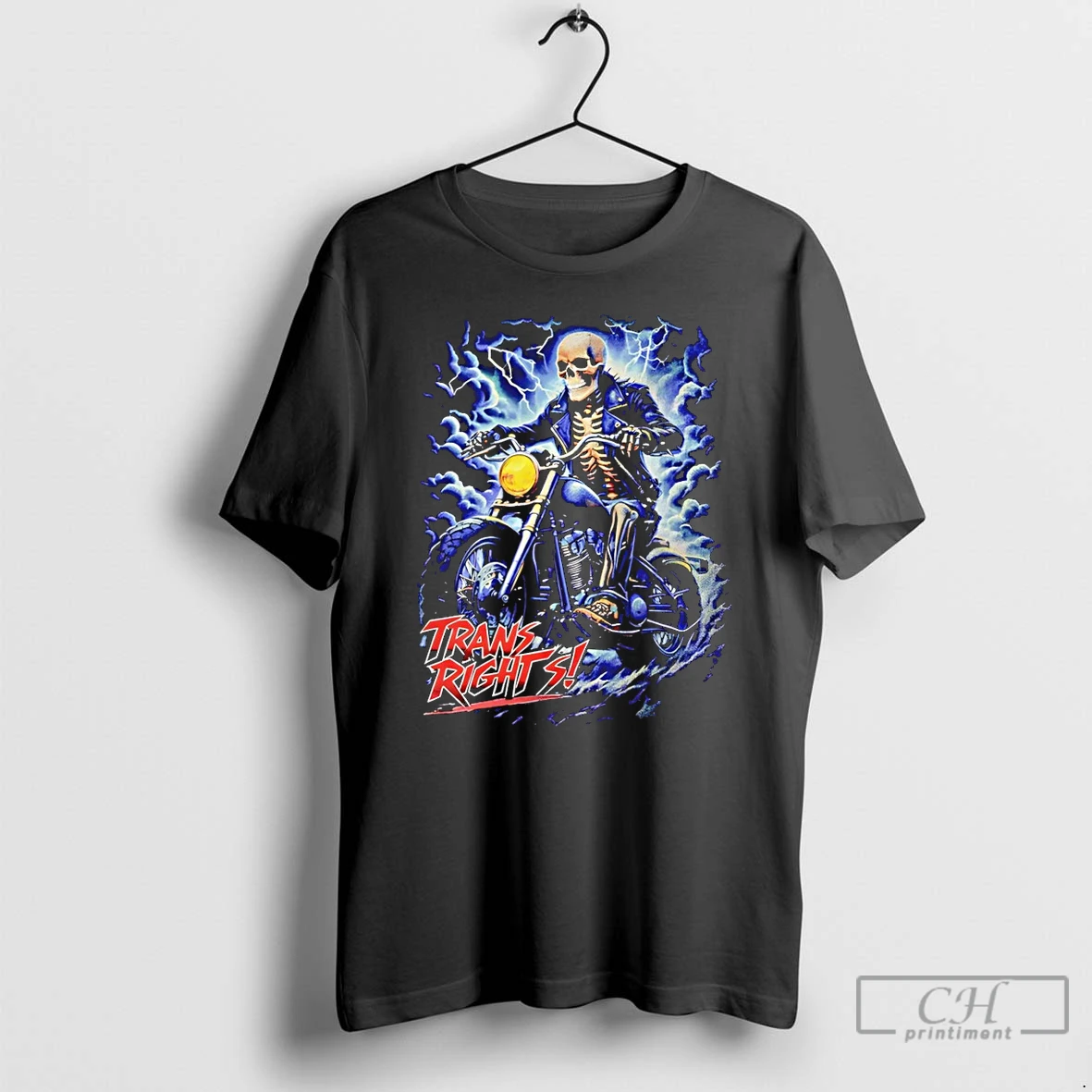 Premium Skeleton Biker Riding Motorcycle With Storm Trans Rights T Shirts Sweater Hoodie