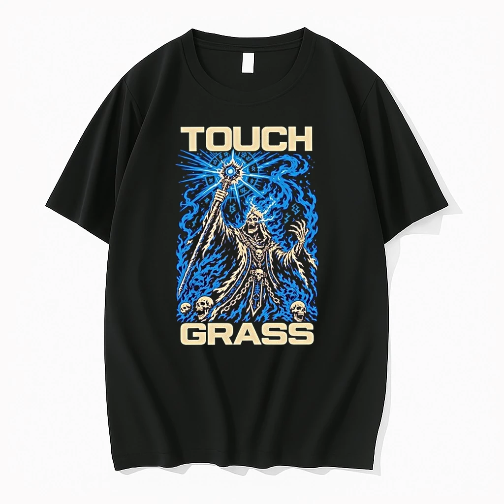 Touch Grass Necromancer Skull Sorcerer Fantasy Skeleton Magic Blue Fire 0 Tshirts Sweater Hoodie