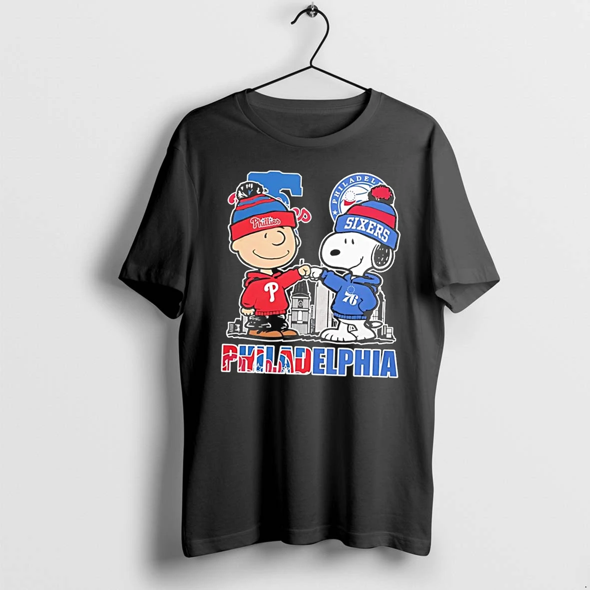 Officials Charlie Brown And Snoopy Fist Bump Philadelphia Phillies 76ers Black Premium T Shirt Sweatshirt Hoodie